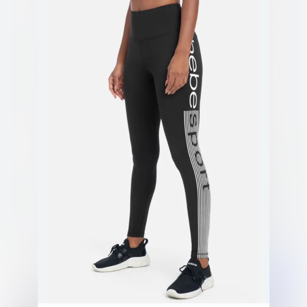 NWT “Bebe Sport” Black with Rose Gold Metallic Laser Cut Logo Legging Size: M - Picture 10 of 11